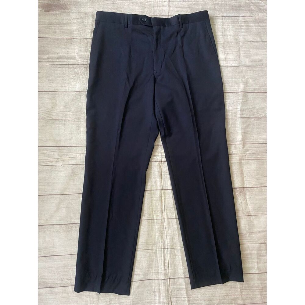 Paul Fredrick men 38R 100% wool flat front pants navy blue